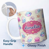 Personalized Custom Name Cute Kawaii Jellyfish Starfish Pastel Ocean Creatures Cream Lovely 11oz Ceramic Coffee Tea Mug White Large Handle