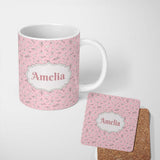 Personalized Custom Name Minimalist Leaf Sprig Pattern Soft Blush Pink Background Seamless 11oz Ceramic Coffee Tea Mug White Large Handle
