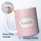 Personalized Custom Name Minimalist Leaf Sprig Pattern Soft Blush Pink Background Seamless 11oz Ceramic Coffee Tea Mug White Large Handle