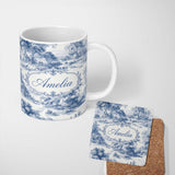 Personalized Custom Name Vintage Toile Countryside Scenic Pattern Blue and White Seamless 11oz Ceramic Coffee Tea Mug White Large Handle