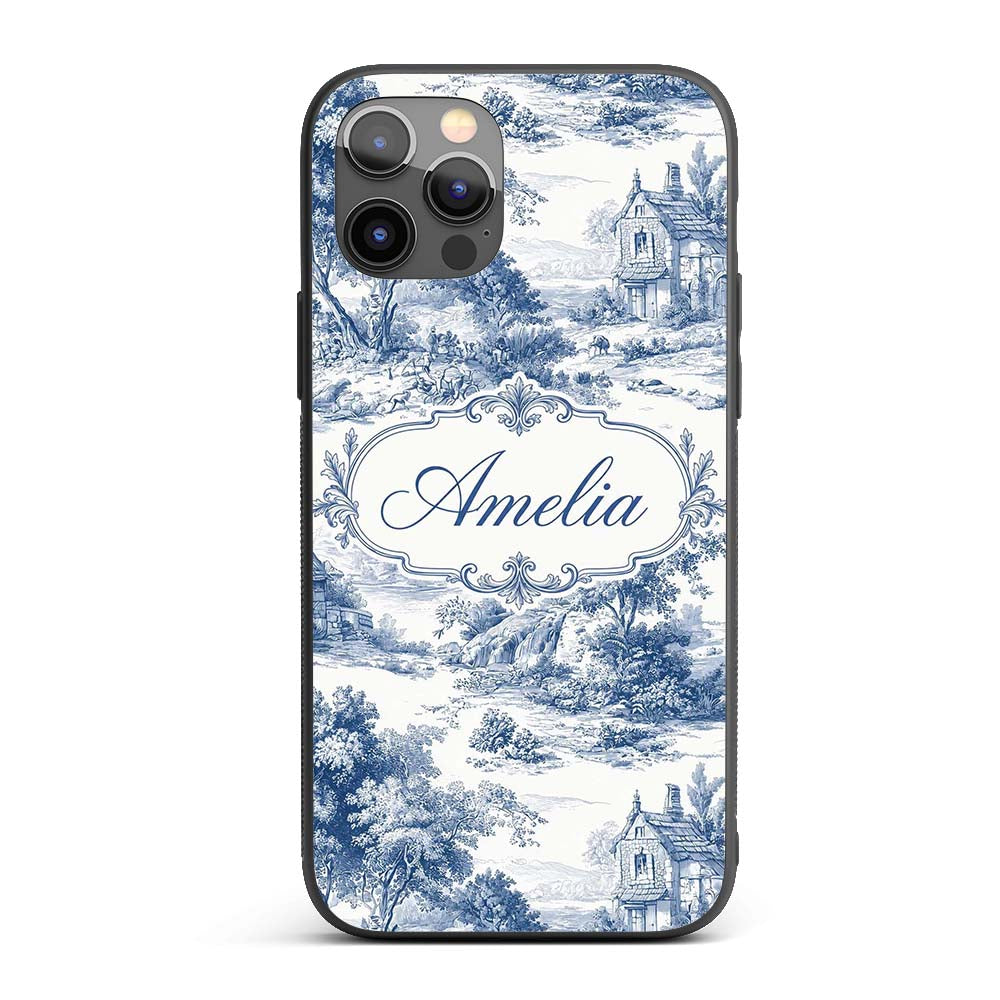 Vintage Toile Countryside Scenic Pattern Blue and Custom Name Protective Phone Case Mobile Cover Durable Everyday Smartphone Shock Resistant