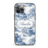 Vintage Toile Countryside Scenic Pattern Blue and Custom Name Protective Phone Case Mobile Cover Durable Everyday Smartphone Shock Resistant