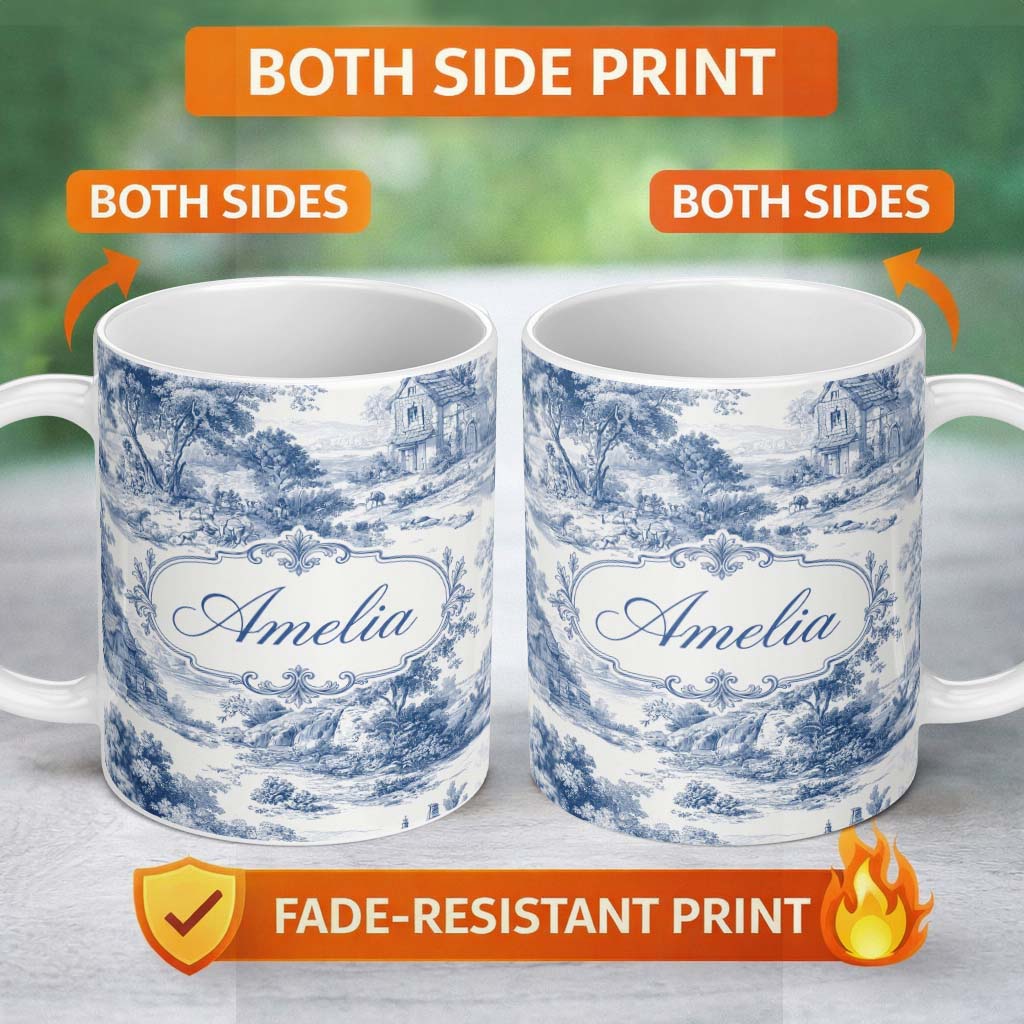 Personalized Custom Name Vintage Toile Countryside Scenic Pattern Blue and White Seamless 11oz Ceramic Coffee Tea Mug White Large Handle