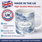 Personalized Custom Name Vintage Toile Countryside Scenic Pattern Blue and White Seamless 11oz Ceramic Coffee Tea Mug White Large Handle
