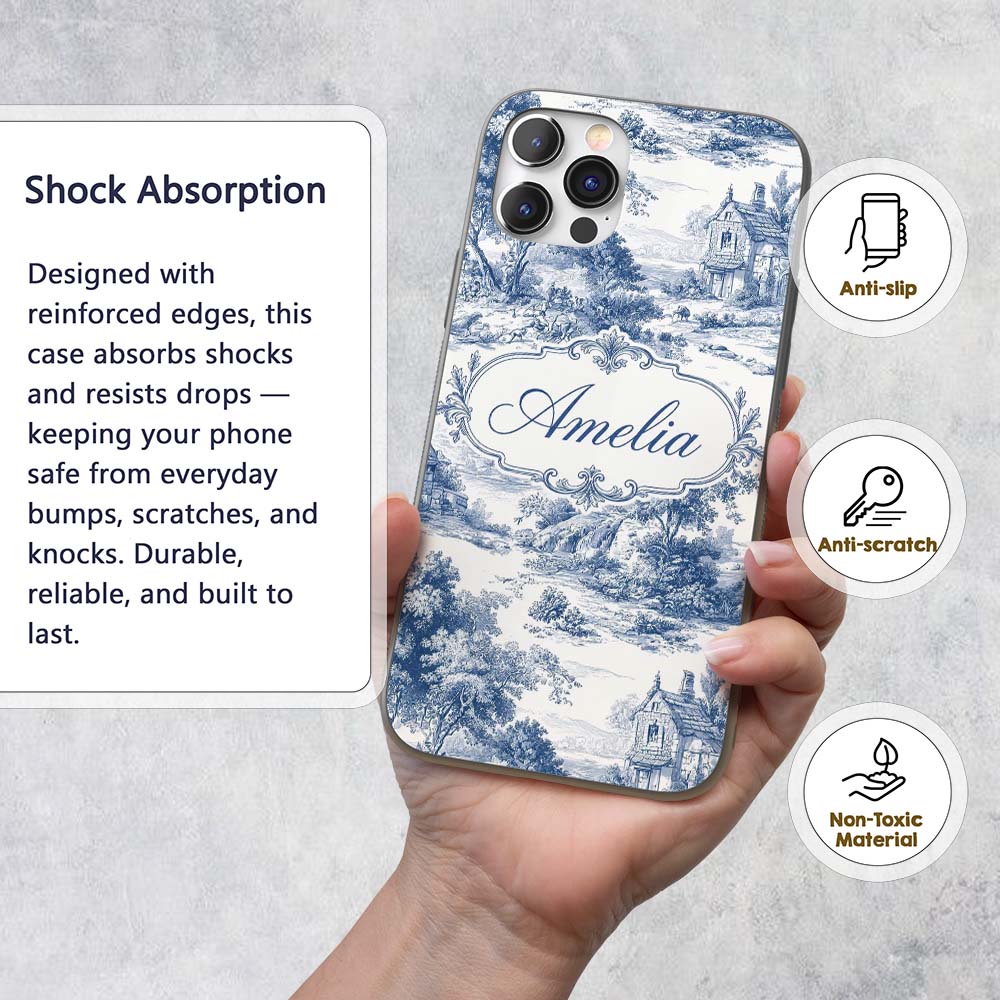 Vintage Toile Countryside Scenic Pattern Blue and Custom Name Protective Phone Case Mobile Cover Durable Everyday Smartphone Shock Resistant