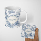 Personalized Custom Name Vintage Toile Architectural Landscape Pattern Blue and White 11oz Ceramic Coffee Tea Mug White Large Handle