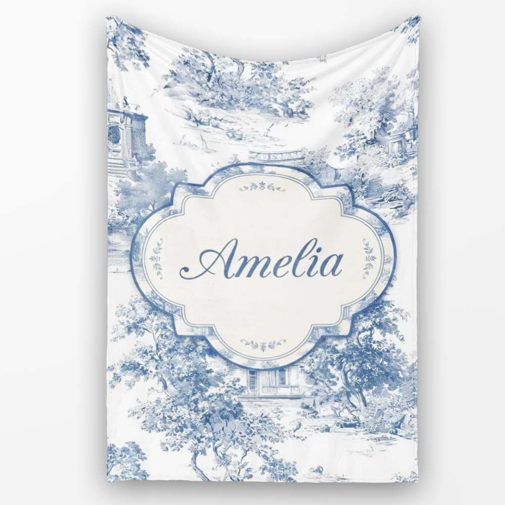 Vintage Toile Architectural Landscape Pattern Blue and White  Personalised Custom Name Super Soft Fleece Blanket Bed Sofa Throw