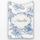 Vintage Toile Architectural Landscape Pattern Blue and White  Personalised Custom Name Super Soft Fleece Blanket Bed Sofa Throw