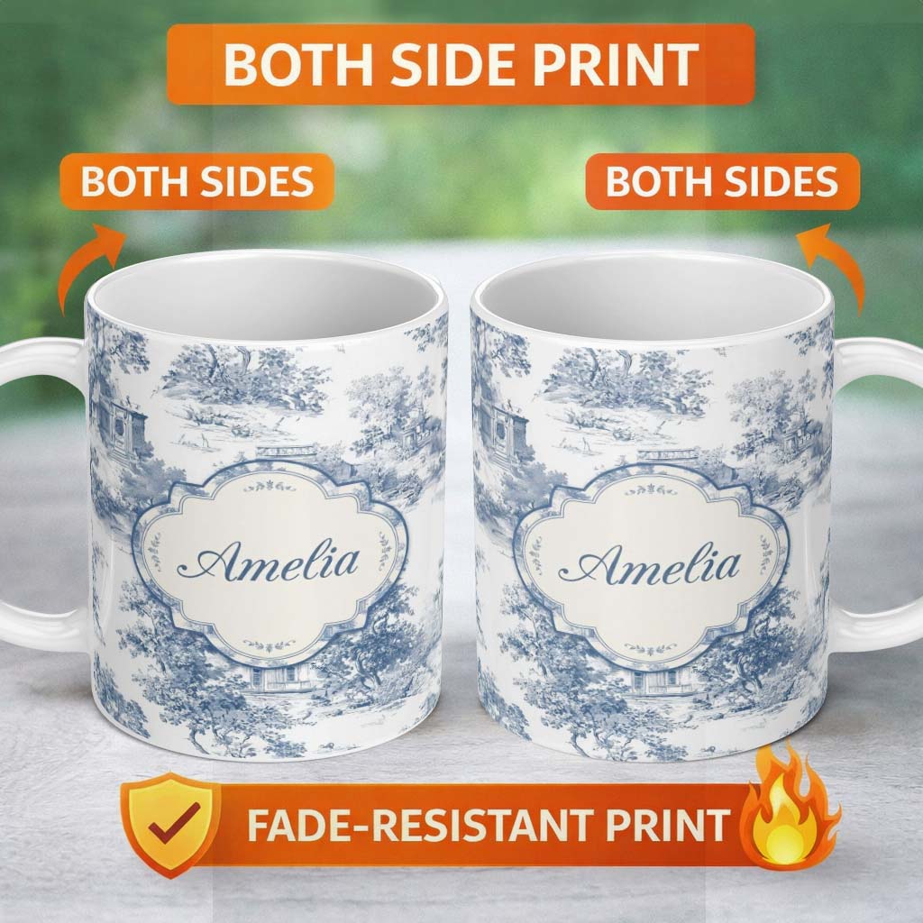 Personalized Custom Name Vintage Toile Architectural Landscape Pattern Blue and White 11oz Ceramic Coffee Tea Mug White Large Handle
