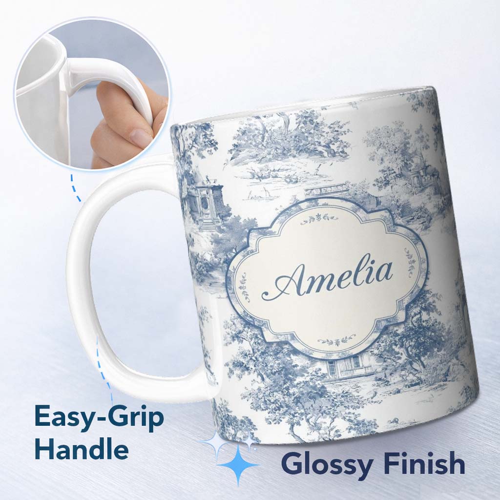 Personalized Custom Name Vintage Toile Architectural Landscape Pattern Blue and White 11oz Ceramic Coffee Tea Mug White Large Handle