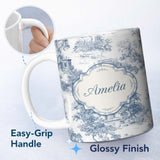 Personalized Custom Name Vintage Toile Architectural Landscape Pattern Blue and White 11oz Ceramic Coffee Tea Mug White Large Handle