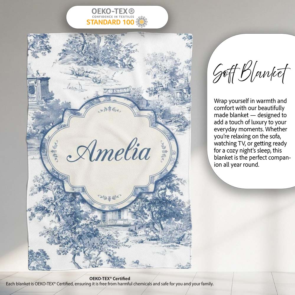 Vintage Toile Architectural Landscape Pattern Blue and White  Personalised Custom Name Super Soft Fleece Blanket Bed Sofa Throw