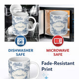 Personalized Custom Name Vintage Toile Architectural Landscape Pattern Blue and White 11oz Ceramic Coffee Tea Mug White Large Handle