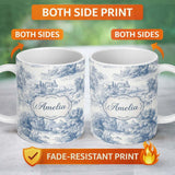 Personalized Custom Name Vintage Toile Countryside Scenic Pattern Classic Blue and White 11oz Ceramic Coffee Tea Mug White Large Handle