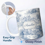 Personalized Custom Name Vintage Toile Countryside Scenic Pattern Classic Blue and White 11oz Ceramic Coffee Tea Mug White Large Handle