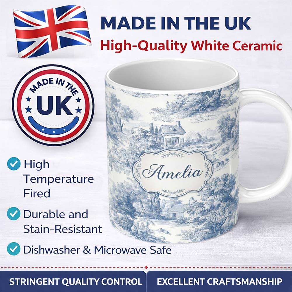 Personalized Custom Name Vintage Toile Countryside Scenic Pattern Classic Blue and White 11oz Ceramic Coffee Tea Mug White Large Handle