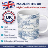 Personalized Custom Name Vintage Toile Countryside Scenic Pattern Classic Blue and White 11oz Ceramic Coffee Tea Mug White Large Handle