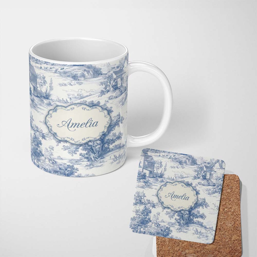 Personalized Custom Name Vintage Toile Pastoral Landscape Pattern Detailed Blue and White 11oz Ceramic Coffee Tea Mug White Large Handle