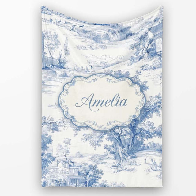 Vintage Toile Pastoral Landscape Pattern Detailed Blue and White  Personalised Custom Name Super Soft Fleece Blanket Bed Sofa Throw