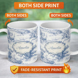 Personalized Custom Name Vintage Toile Pastoral Landscape Pattern Detailed Blue and White 11oz Ceramic Coffee Tea Mug White Large Handle
