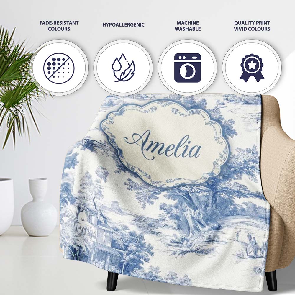 Vintage Toile Pastoral Landscape Pattern Detailed Blue and White  Personalised Custom Name Super Soft Fleece Blanket Bed Sofa Throw