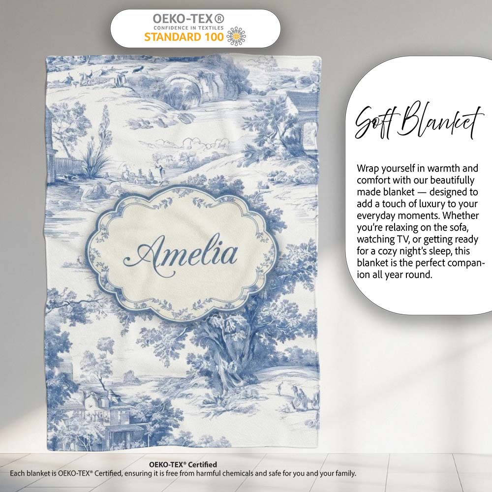 Vintage Toile Pastoral Landscape Pattern Detailed Blue and White  Personalised Custom Name Super Soft Fleece Blanket Bed Sofa Throw