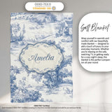 Vintage Toile Pastoral Landscape Pattern Detailed Blue and White  Personalised Custom Name Super Soft Fleece Blanket Bed Sofa Throw