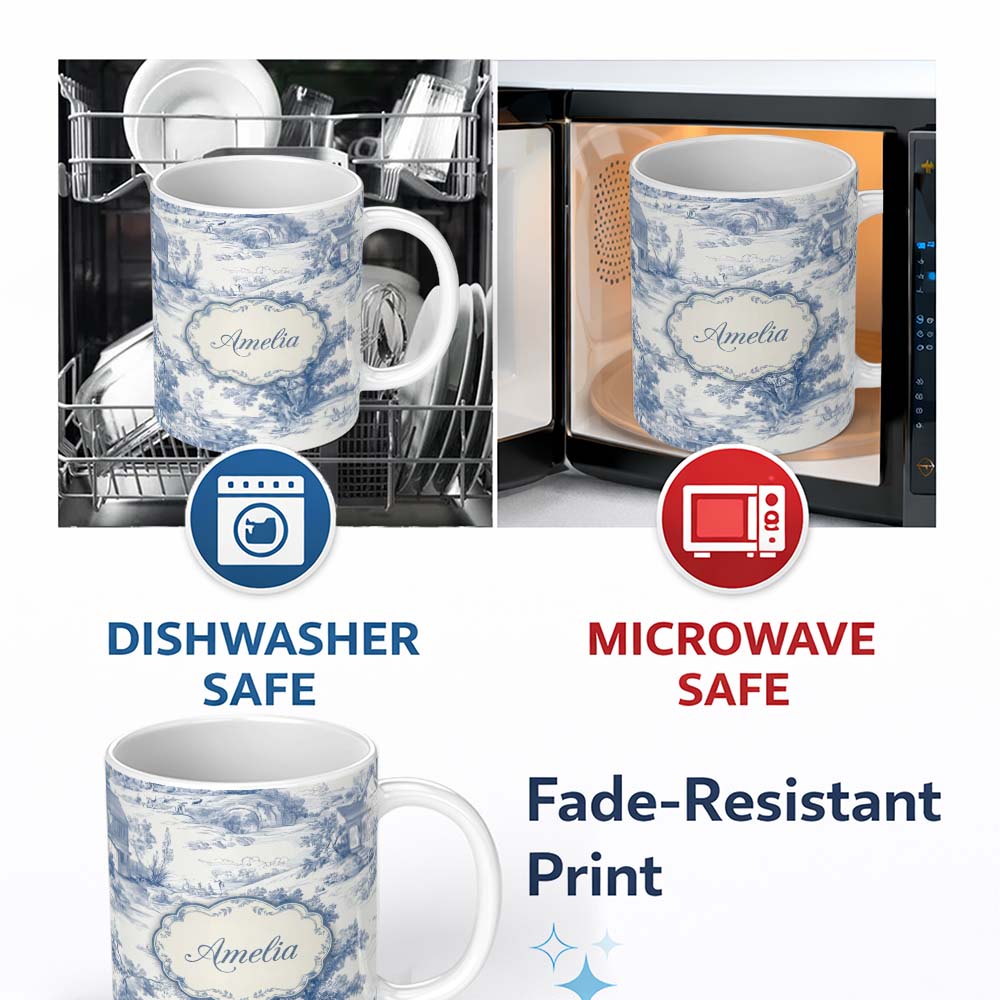 Personalized Custom Name Vintage Toile Pastoral Landscape Pattern Detailed Blue and White 11oz Ceramic Coffee Tea Mug White Large Handle