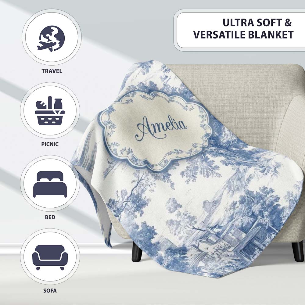 Vintage Toile Pastoral Landscape Pattern Detailed Blue and White  Personalised Custom Name Super Soft Fleece Blanket Bed Sofa Throw