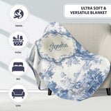 Vintage Toile Pastoral Landscape Pattern Detailed Blue and White  Personalised Custom Name Super Soft Fleece Blanket Bed Sofa Throw
