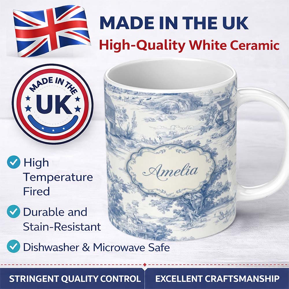 Personalized Custom Name Vintage Toile Pastoral Landscape Pattern Detailed Blue and White 11oz Ceramic Coffee Tea Mug White Large Handle