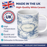 Personalized Custom Name Vintage Toile Pastoral Landscape Pattern Detailed Blue and White 11oz Ceramic Coffee Tea Mug White Large Handle
