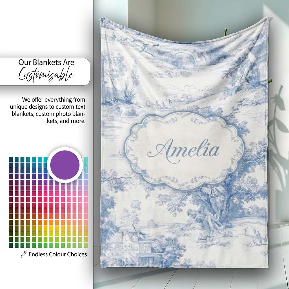 Vintage Toile Pastoral Landscape Pattern Detailed Blue and White  Personalised Custom Name Super Soft Fleece Blanket Bed Sofa Throw