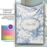 Vintage Toile Pastoral Landscape Pattern Detailed Blue and White  Personalised Custom Name Super Soft Fleece Blanket Bed Sofa Throw