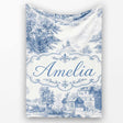 Vintage Toile Countryside Cottage Scene Blue White Seamless Pattern  Personalised Custom Name Super Soft Fleece Blanket Bed Sofa Throw