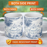 Personalized Custom Name Vintage Toile Countryside Cottage Scene Blue White Seamless Pattern 11oz Ceramic Coffee Tea Mug White Large Handle