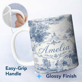 Personalized Custom Name Vintage Toile Countryside Cottage Scene Blue White Seamless Pattern 11oz Ceramic Coffee Tea Mug White Large Handle