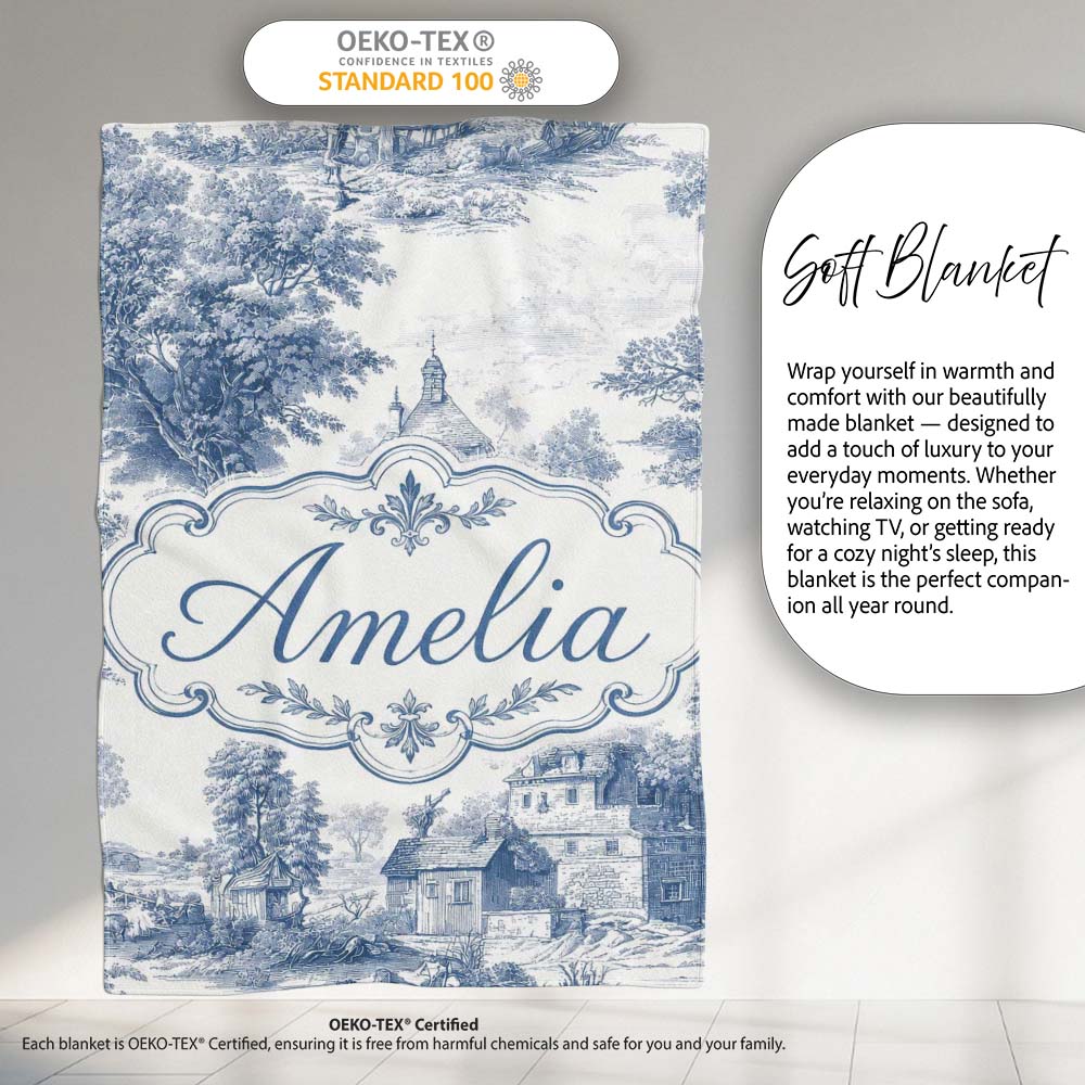 Vintage Toile Countryside Cottage Scene Blue White Seamless Pattern  Personalised Custom Name Super Soft Fleece Blanket Bed Sofa Throw