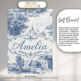 Vintage Toile Countryside Cottage Scene Blue White Seamless Pattern  Personalised Custom Name Super Soft Fleece Blanket Bed Sofa Throw
