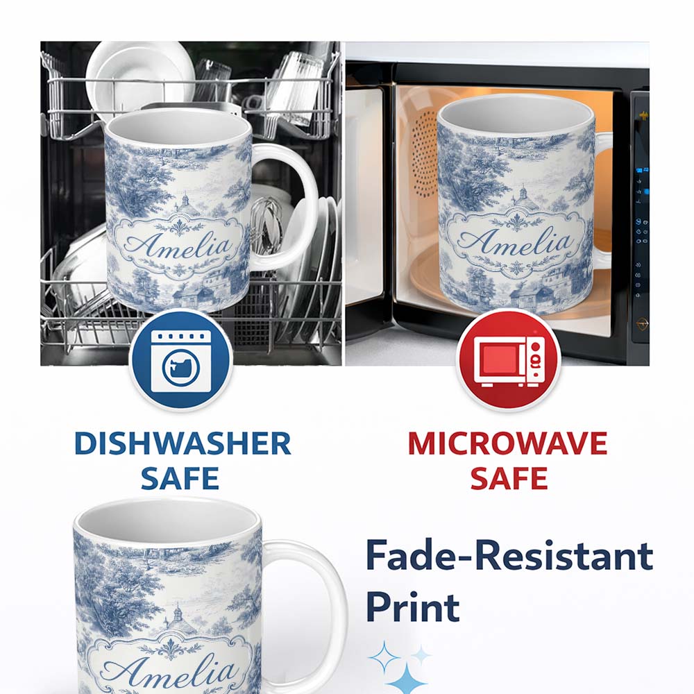 Personalized Custom Name Vintage Toile Countryside Cottage Scene Blue White Seamless Pattern 11oz Ceramic Coffee Tea Mug White Large Handle