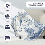 Vintage Toile Countryside Cottage Scene Blue White Seamless Pattern  Personalised Custom Name Super Soft Fleece Blanket Bed Sofa Throw
