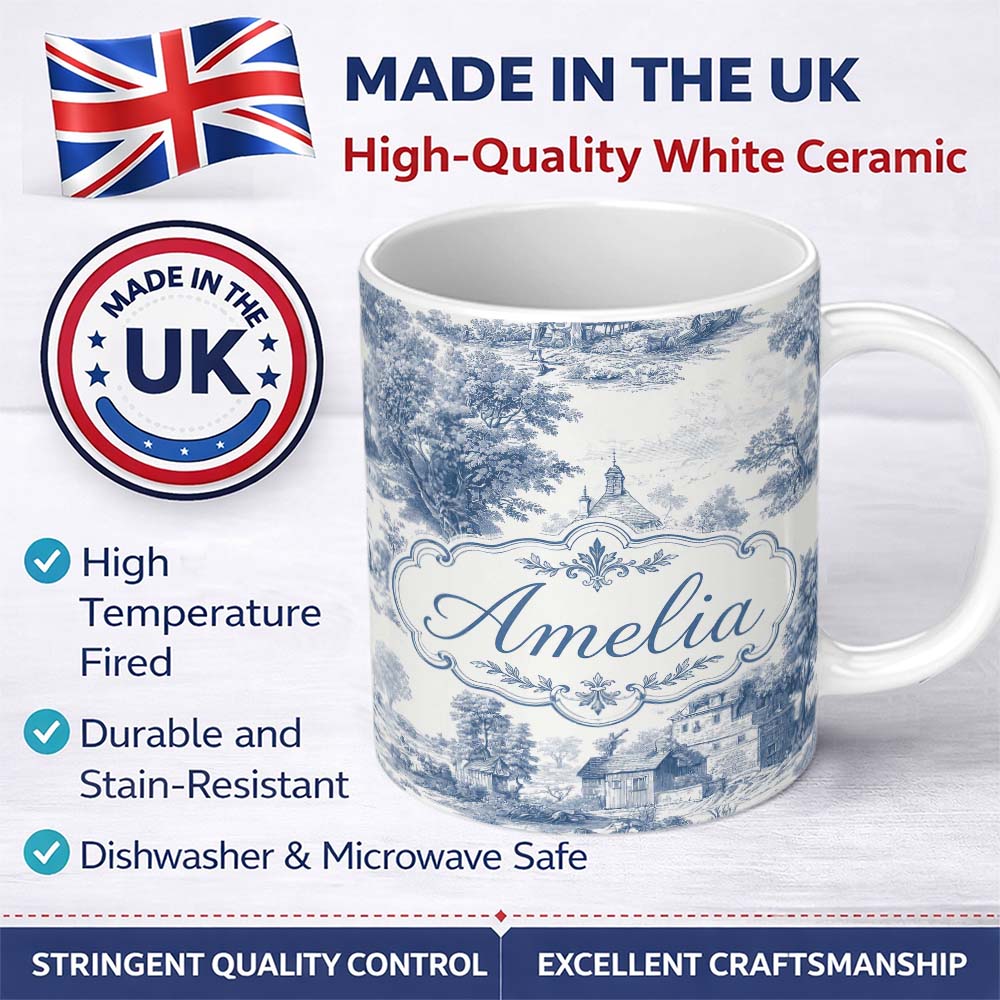 Personalized Custom Name Vintage Toile Countryside Cottage Scene Blue White Seamless Pattern 11oz Ceramic Coffee Tea Mug White Large Handle