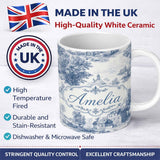 Personalized Custom Name Vintage Toile Countryside Cottage Scene Blue White Seamless Pattern 11oz Ceramic Coffee Tea Mug White Large Handle