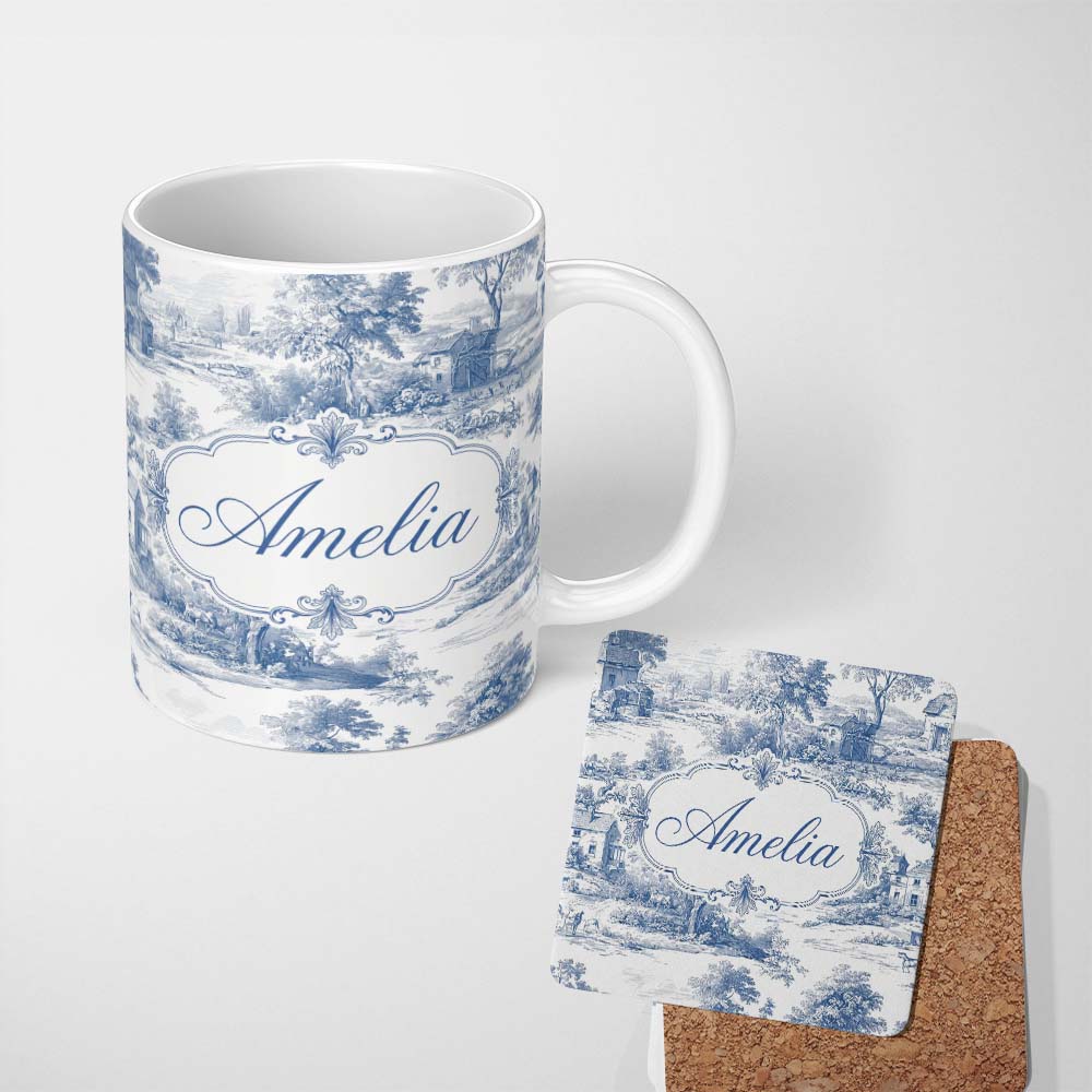 Personalized Custom Name Vintage Toile Rural Landscape Farm Scene Blue White Seamless 11oz Ceramic Coffee Tea Mug White Large Handle
