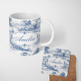 Personalized Custom Name Vintage Toile Rural Landscape Farm Scene Blue White Seamless 11oz Ceramic Coffee Tea Mug White Large Handle