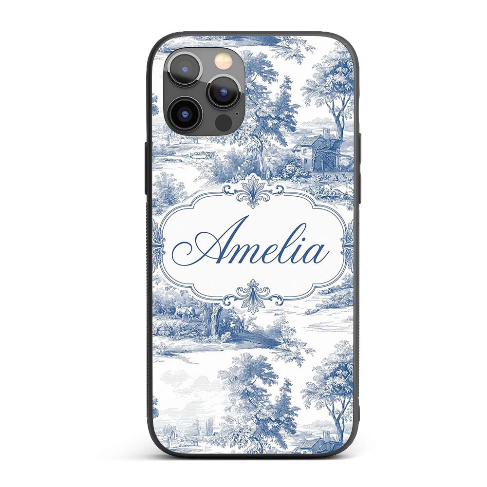 Vintage Toile Rural Landscape Farm Scene Blue Custom Name Protective Phone Case Mobile Cover Durable Everyday Smartphone Shock Resistant