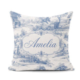 Custom Name Toile Rural Landscape Farm Scene Blue White Seamless Square Filled Cushion Throw Pillow Sofa Bed Home Decor Zip Washable UK Made
