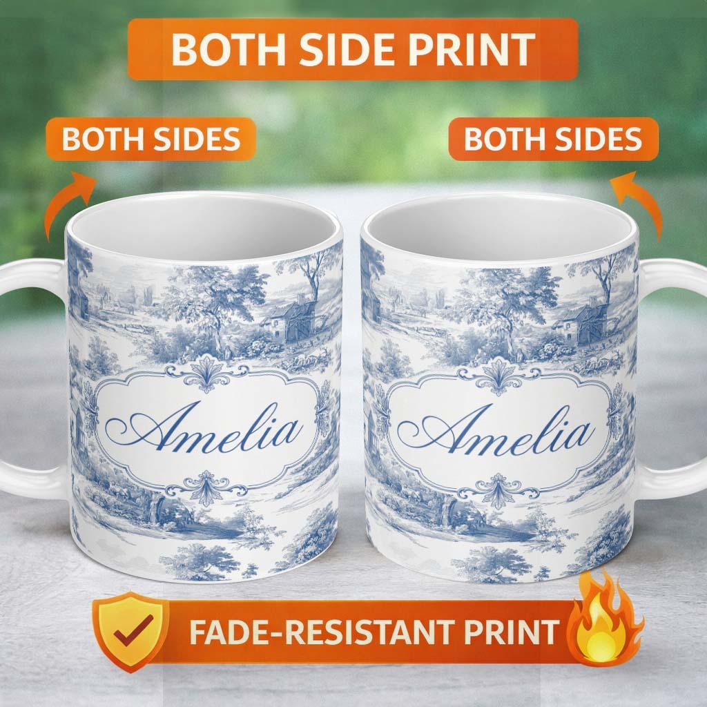 Personalized Custom Name Vintage Toile Rural Landscape Farm Scene Blue White Seamless 11oz Ceramic Coffee Tea Mug White Large Handle
