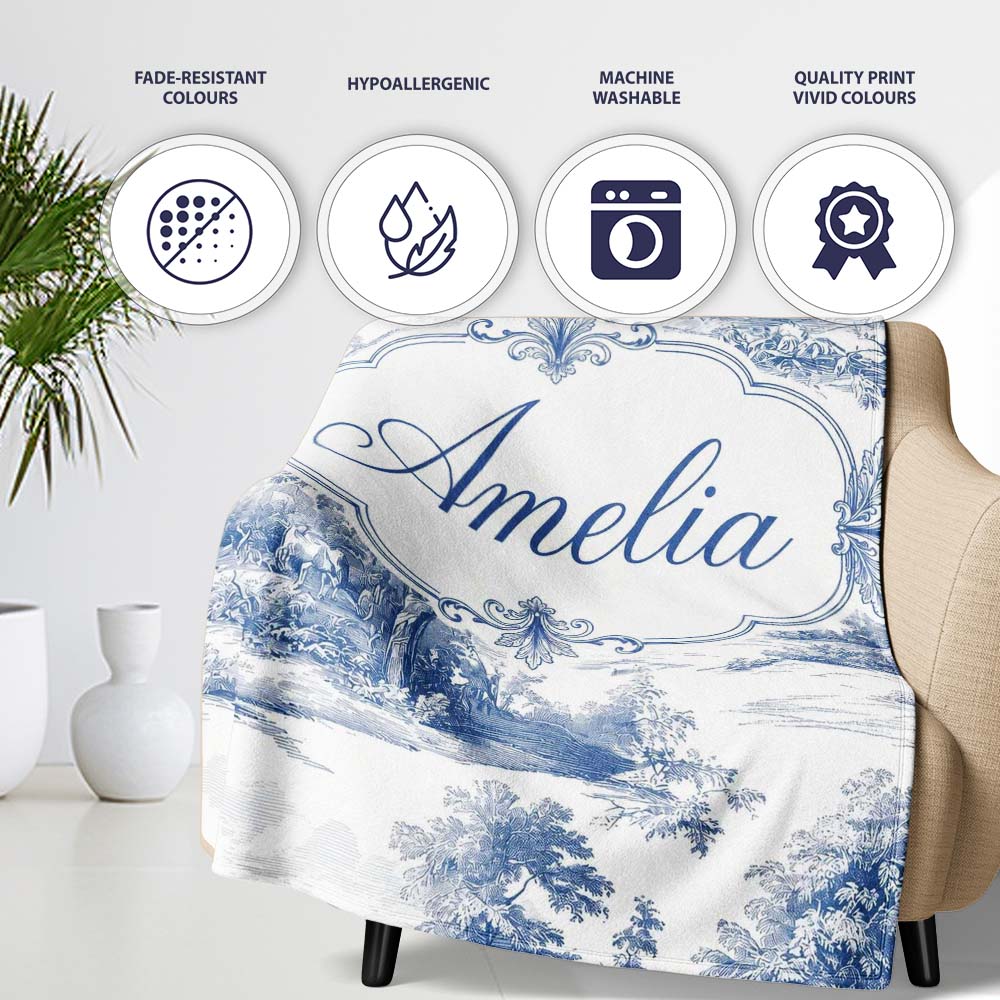 Vintage Toile Rural Landscape Farm Scene Blue White Seamless  Personalised Custom Name Super Soft Fleece Blanket Bed Sofa Throw