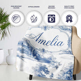 Vintage Toile Rural Landscape Farm Scene Blue White Seamless  Personalised Custom Name Super Soft Fleece Blanket Bed Sofa Throw
